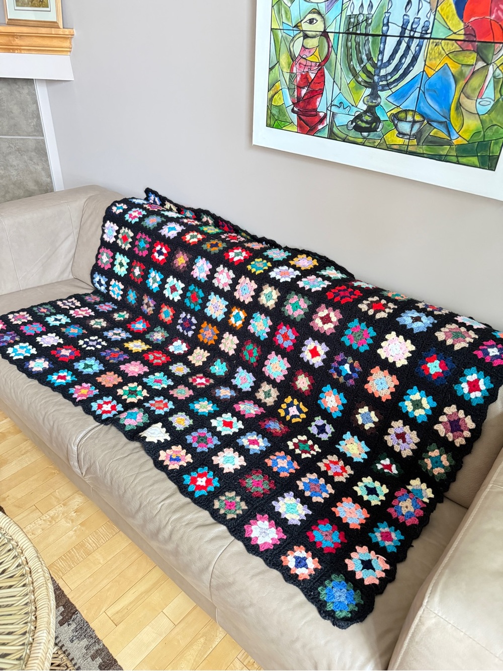 Handmade Granny Square Blanket Black Colorful Cottagecore 41x58